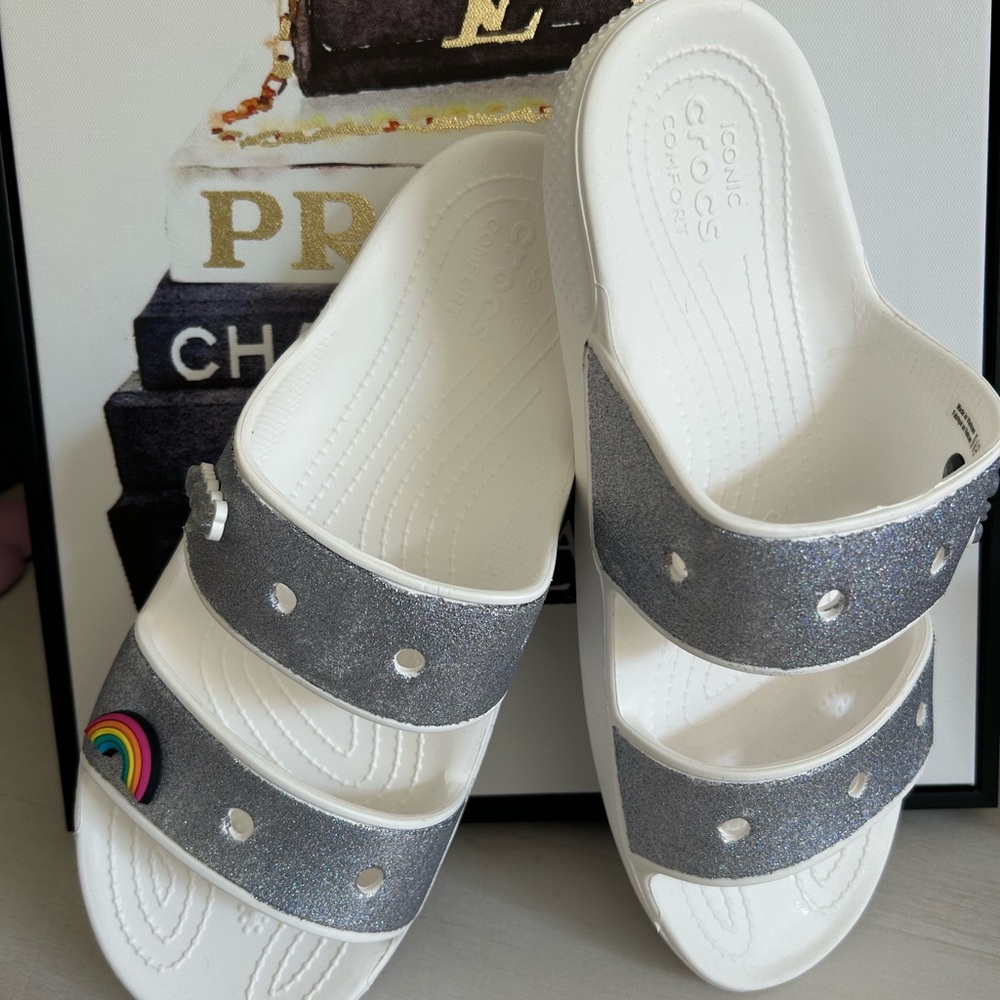 Crocs White and Silver Slide Sandals NWOT